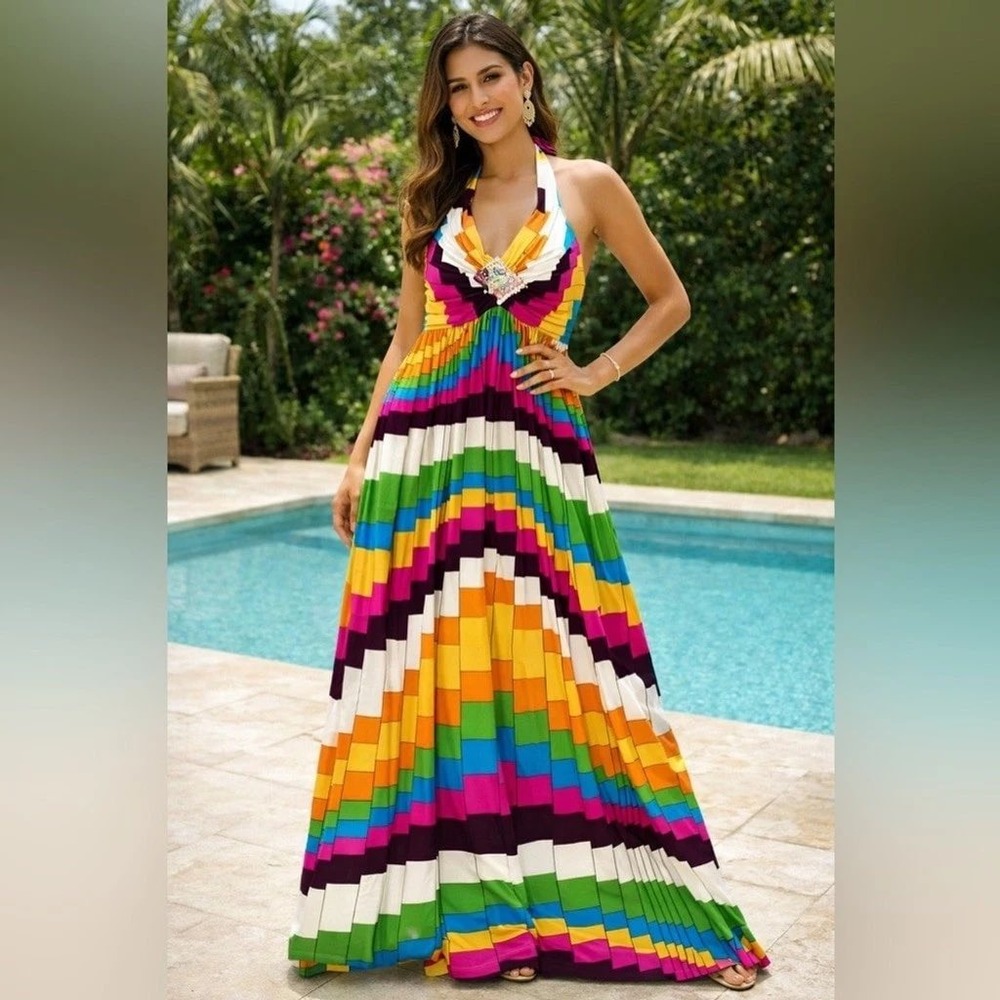 NWT Muse Boston Proper Geometric Halter Maxi Dress Rhinestone Accent S